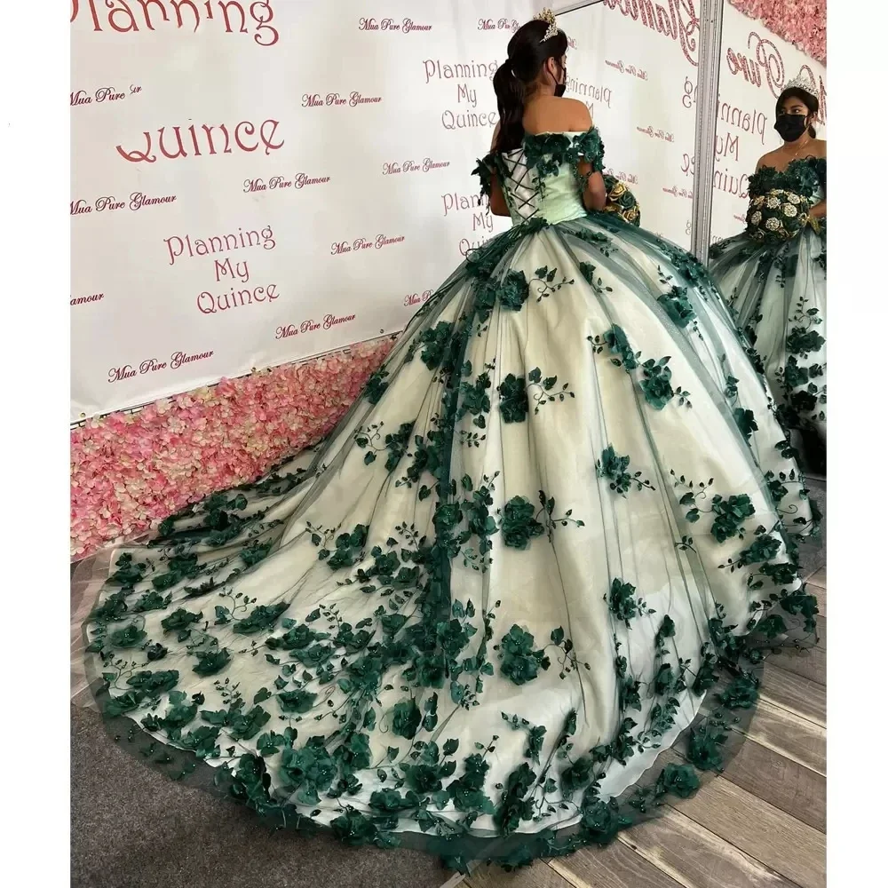 Luxury Off-Shoulder Ball Gown Quinceanera Dresses For 15 Party Romantic 3D Flower Lace Cinderella Princess Birthday Party Gowns