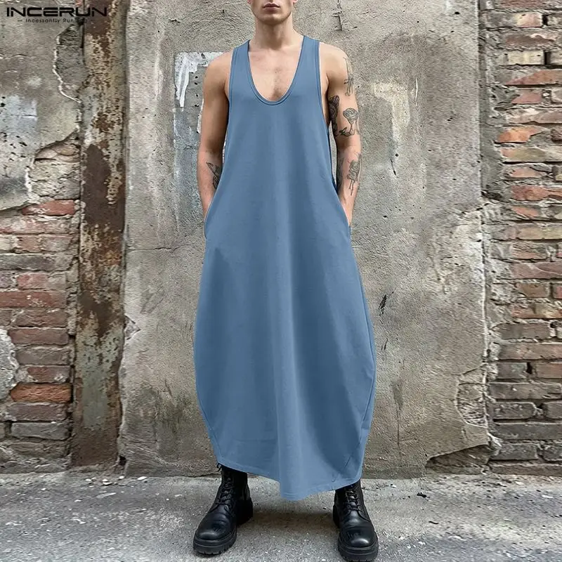 INCERUN Men Long Style Tank Tops Solid Dresses Streetwear O-neck Sleeveless Tops Men Clothes Summer Loose Fashion Men's Vests