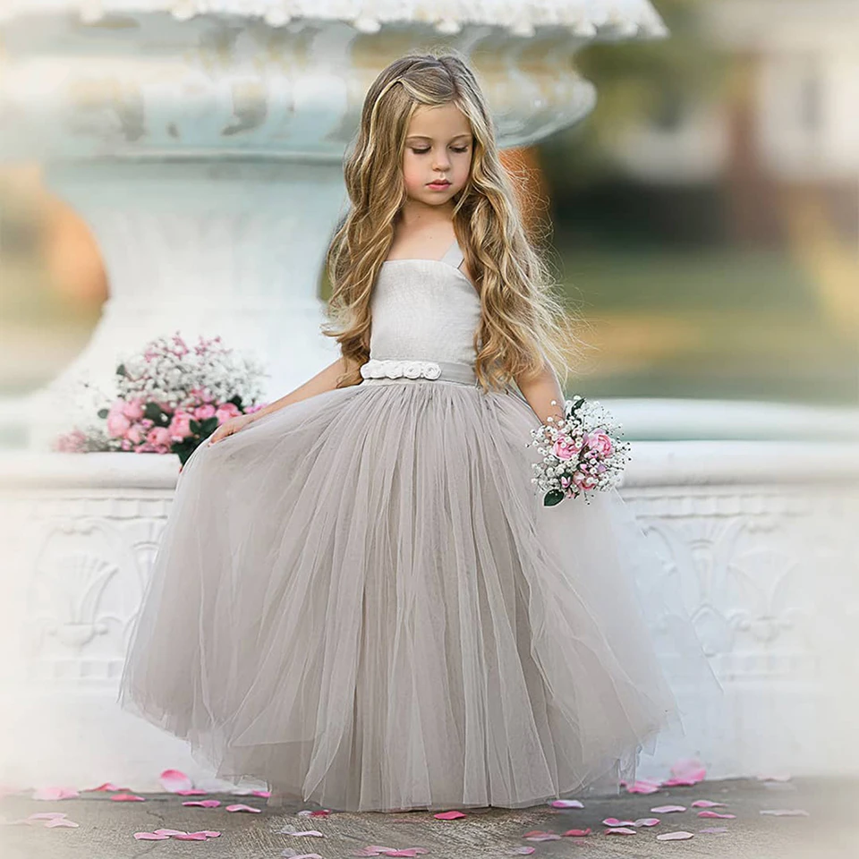 Grey Flower Girl Dresses For Weddings Spaghetti Straps A-Line Child Birthday Party Dresses Simple Ball Gown 2022 Princess Party