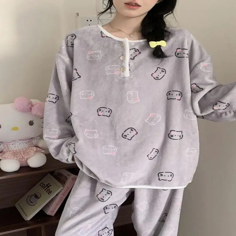 Women's Flannel Pajamas Autumn/winter 2025 New Cute Kitty Cat Cartoon Wearable Home Suit Set Hello Sanrio Sexy Outfits Full Sets