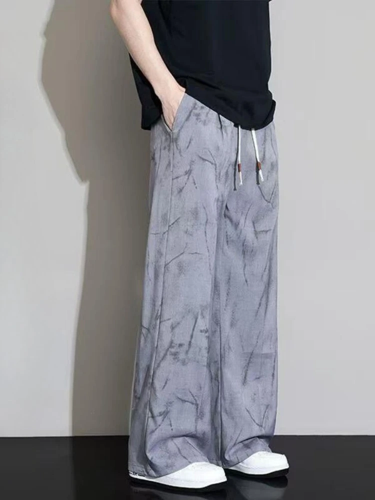 Men's Distressed Wide Leg Pants Autumn 2026 Loose Straight Casual Trousers Trendy Draping Long Pants Spring Fall