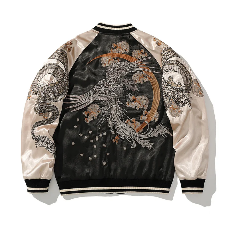 Men's Bomber Jacket Satin Dragon Phoenix Embroidery Casual Streetwear Spring Autumn Stand Collar Fashion Outerwear SukajanA1