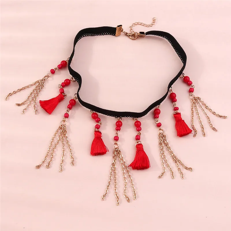 Aihua Gotische Viktorianische Schwarz-Rote Spitzen-Halskette für Damen und Mädchen, Boho Kristall-Quasten Sexy Spitzen-Choker, Steampunk Dark Loli Stil Schmuck – Detail 7