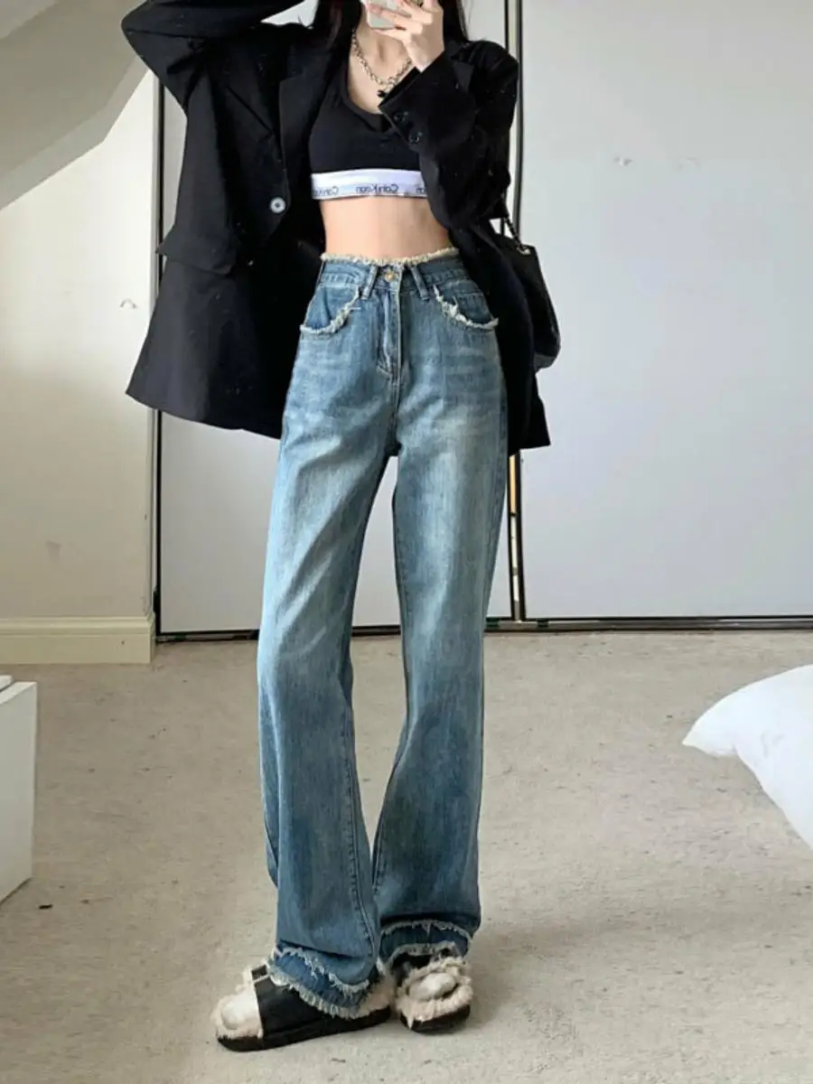 

Женские джинсы с высокой талией и широкими штанинами, удлиненные, прямого кроя, с эффектом похудения, с рваным краем, винтажные, весенняя мода