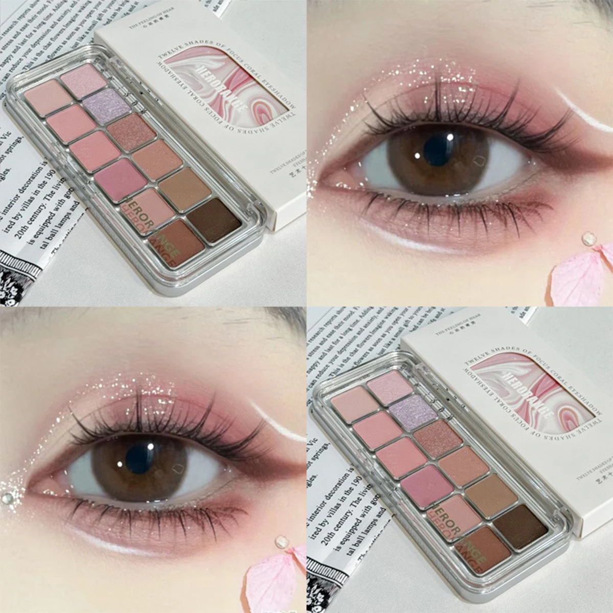 12 Kleuren Oogschaduwpalet Roze Bruine Glitter Matte Koreaanse Oogmake-Up Paarse Roos Langdurige Nude Aarde Kleur Oogpigment