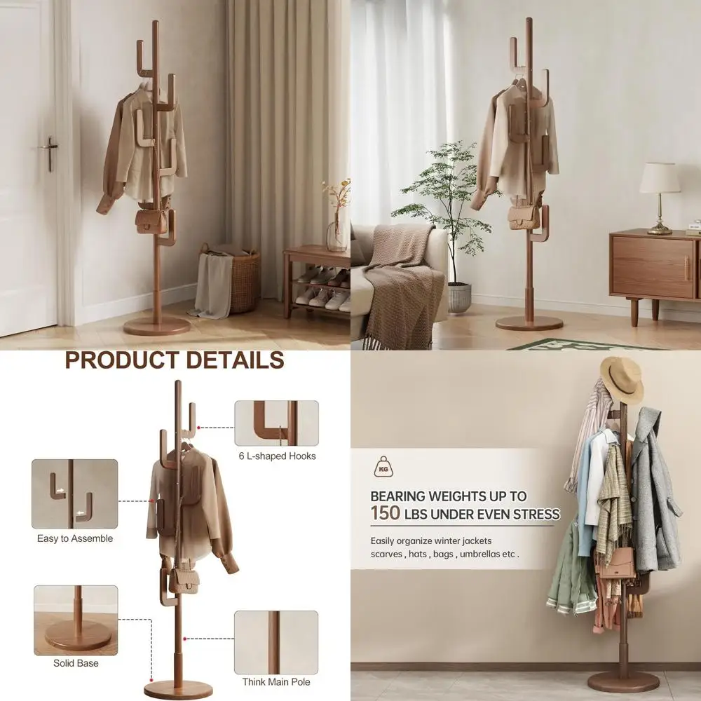 

6-Hook Freestanding Solid Wood Cactus Coat Rack, Adjustable Sizes for Home, Ideal for Coats & Handbags (Walnut)