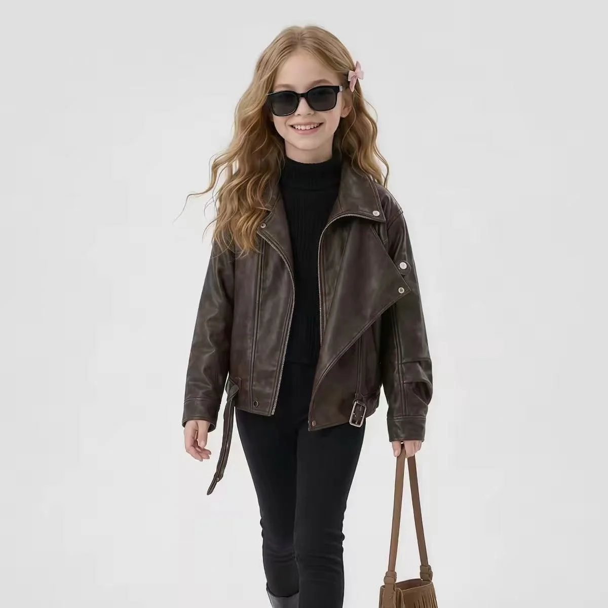 Girls Spring Autumn Leather Jacket for 2026 New Trendy Outerwear for Middle And Large Children Cool And Fashion