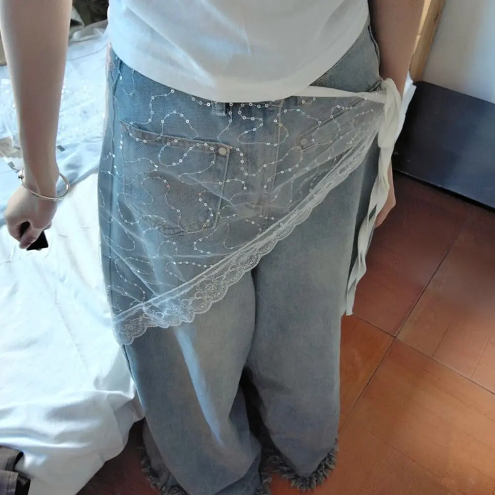 فريد الكورية نمط الدانتيل تنورة صغيرة مثلث رقيقة الترتر نصف تنورة Cummerbund فستان من الشاش حزام البنطال الجينز أبلى