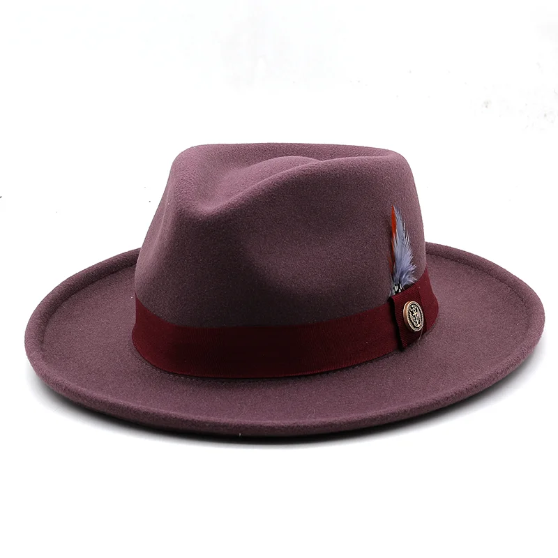 New Feather band Wool Felt Jazz Fedora Hat Women Unisex Wide Brim Panama Party Trilby Cowboy Cap Men Gentleman Wedding Hat