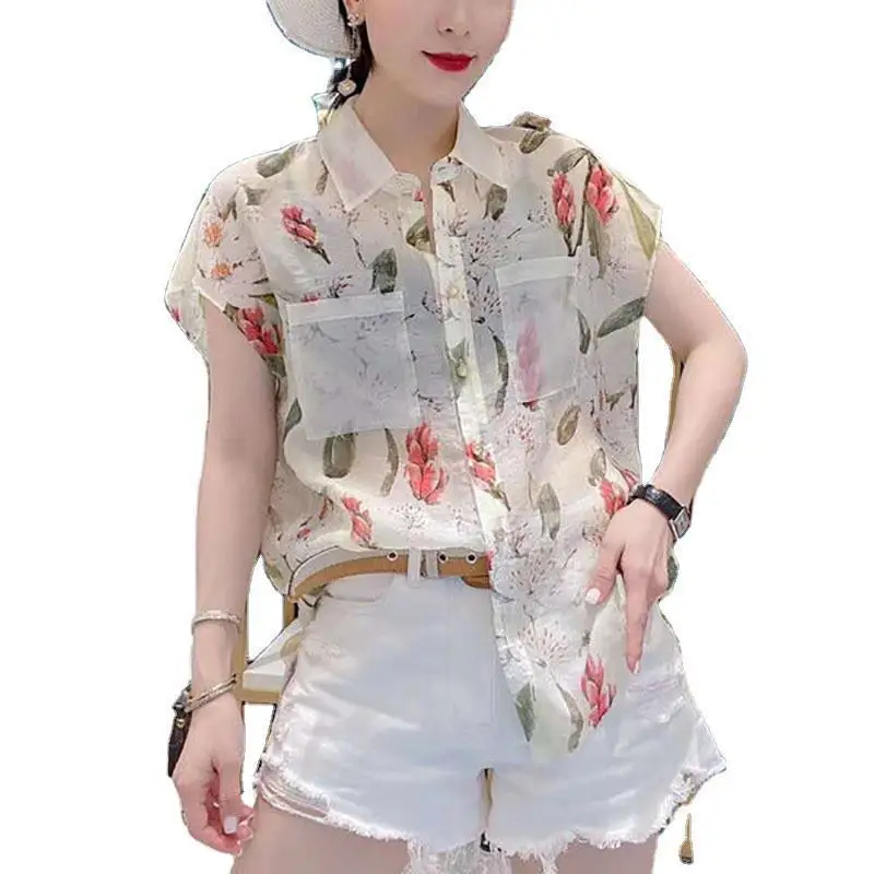 Fashion Printed Elegant Turn-down Collar Shirt Female Korean Casual Pockets Spliced Short Sleeve Blouse Summer Women\'s Clothing