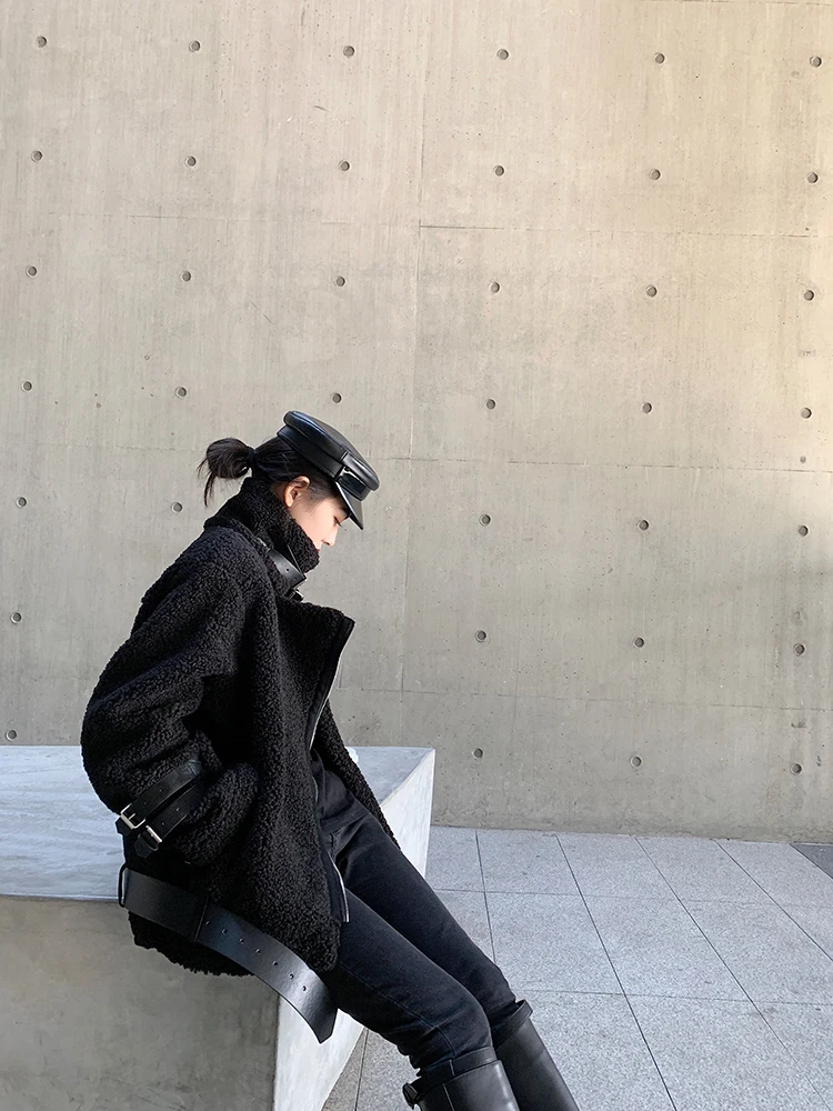 Bla Cherry Jaet feminino de pele de cordeiro para motocicleta Sle Winter Thiened Long Sve com fecho de zíper cor para viagem Faion