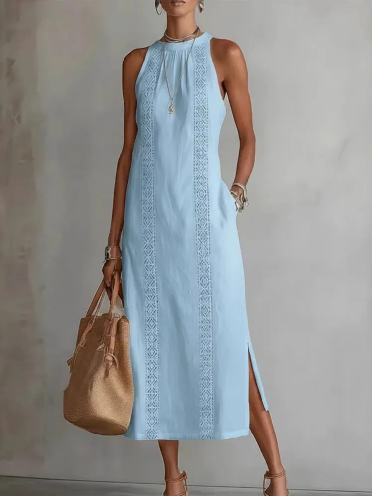 Women's Halter Slit Holiday Solid Color Lace Splicing Sleeveless Dress Vintage Vestidos Maxi Dress Summer Loose Party Robe