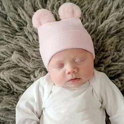 Chapeau de nouveau-né avec oreilles d'ours de dessin animé, Bonnet d'hiver doux et chaud tricoté pour garçon et fille, couleur unie, photographie de nouveau-né