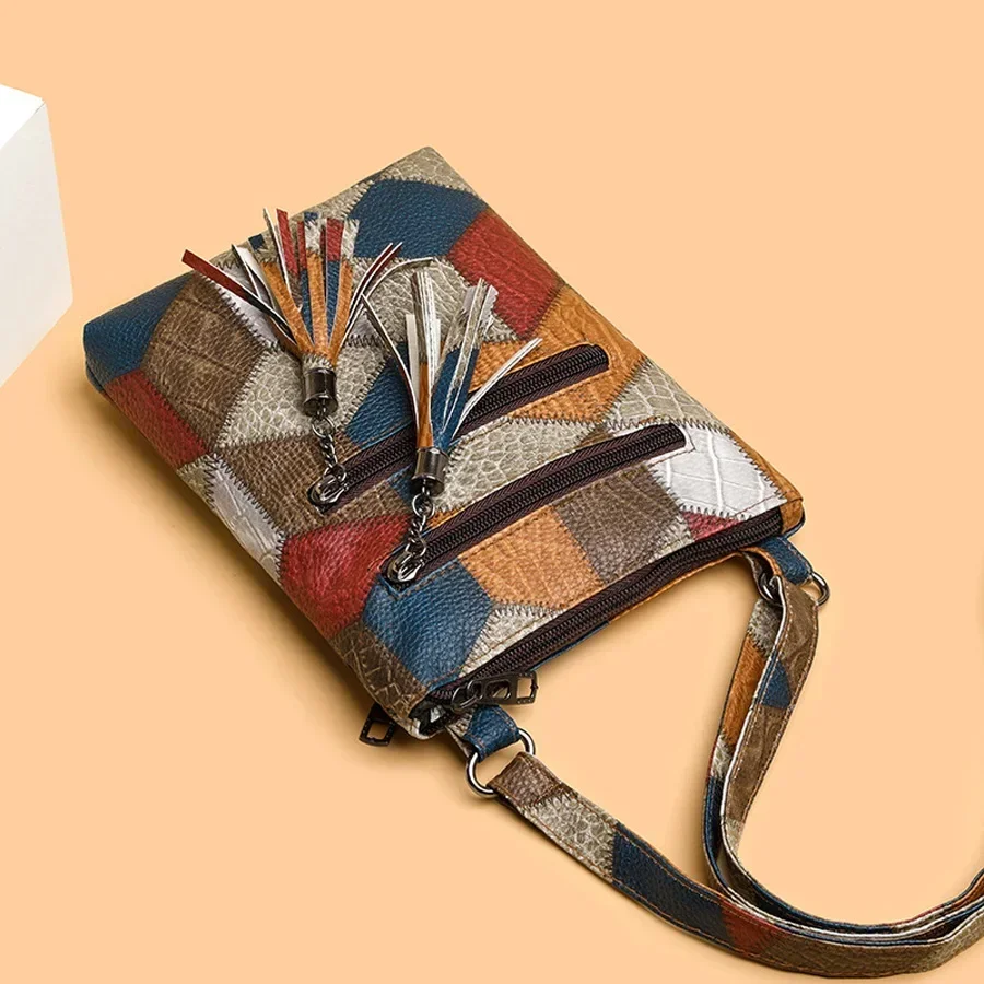 Vintage Double Tassels Women\'s Crossbody Bags for Holiday Gifts, Soft PU Leather Small Handbags Designer Shoulder Bag for Ladies