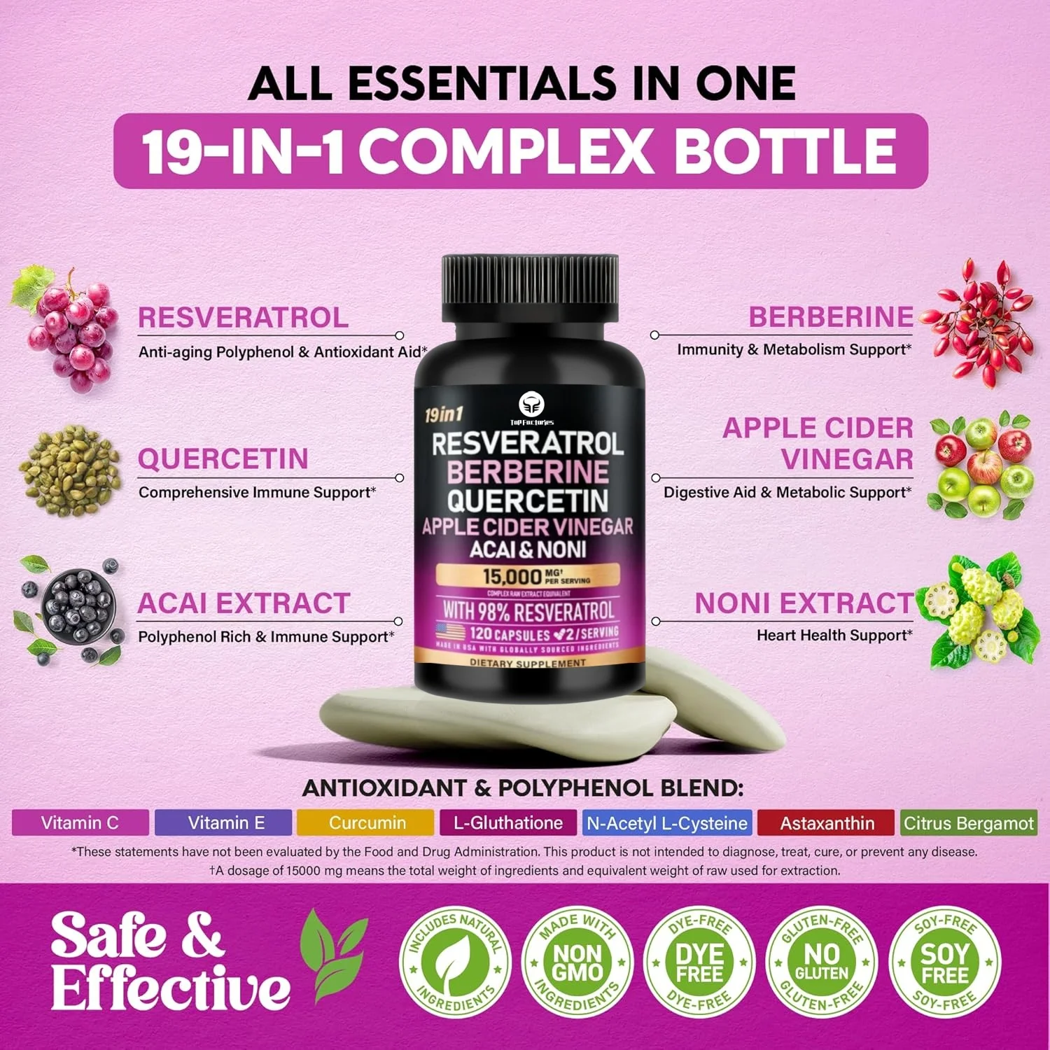 Top Factories 19in1 Organic Polyphenols Complex Resveratrol and Nori Extract Aspartate Quercetin Apple Vinegar Supplementation
