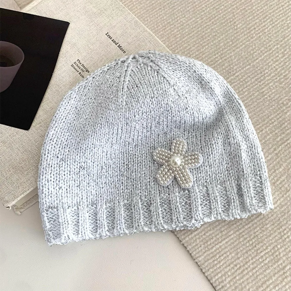 Casual Vintage Sequin Knitted Hat Hollow Thin Beanie Hat Bowknot Woven Cap Streetwear
