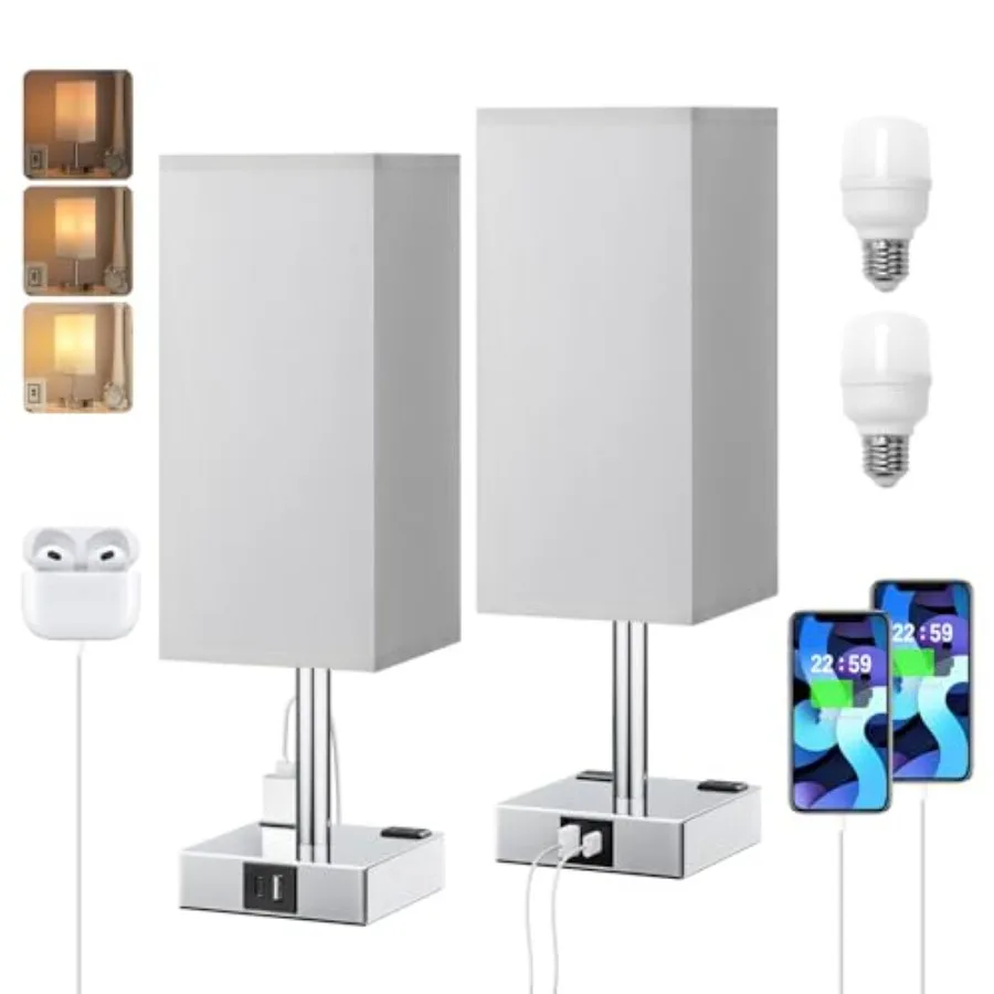 

Touch Bedside Table Lamp Set of 2-3-Way Dimmable Night Lamp with USB A + Type C Charging Ports and Two AC Outlets Small Desk Li