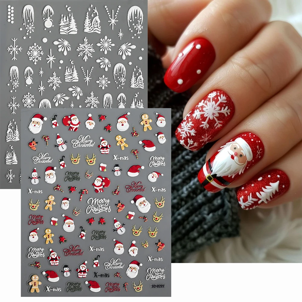 

2pcs 5D Christmas Nail Stickers Waterfall Snowflakes Santa Claus Elk Gingerbread Nail Decals Embossed Winter Xmas Manicure Set