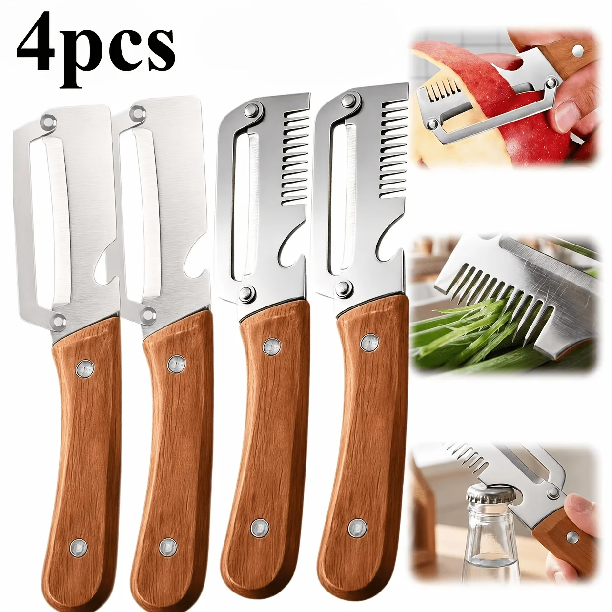 4pcs Set 2026 Upgraded Wooden Handle Vegetable Peeler, Stainless Steel Wide Blade Peeling Knife For Potato & Carrot, 3-in-1 Multifunctional Tool With Shredder & Bottle Opener, Suitable For Kitchen, Camping, Travel And Holiday Banquet Use