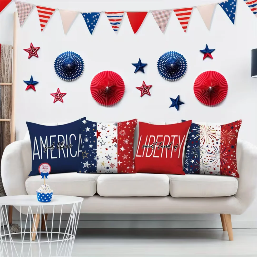 4pcs Independence Day (United States) Cushion CoverSoft Pillowcase for Home Living Room Bedroom Decoration Nap Companion Office