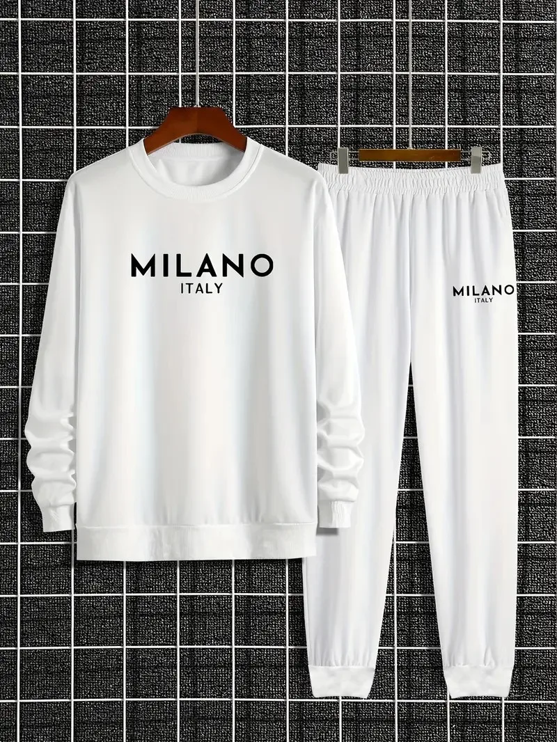 The new men's round-neck hoodie set for Spring and Autumn 2025 features a casual and comfortable 3D letter pattern print