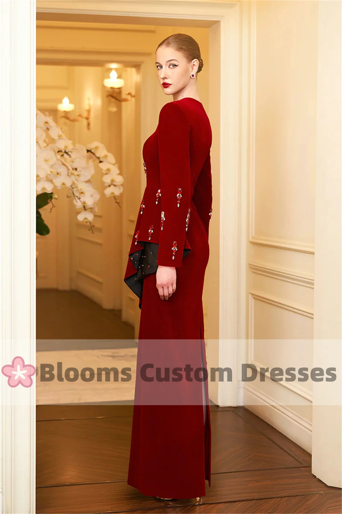 Blooms New Year Velvet Customized Evening Dresses Beaded Draped Waist Long Sleeves Formal Dress For Prom Back Slit Party Gown