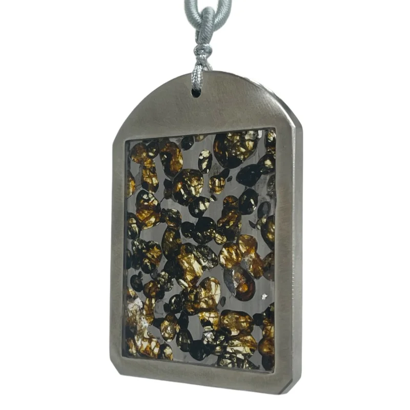 Authentic Seymchan Meteorite Pendant Golden Olivine Inclusions Stainless Steel Frame LK387