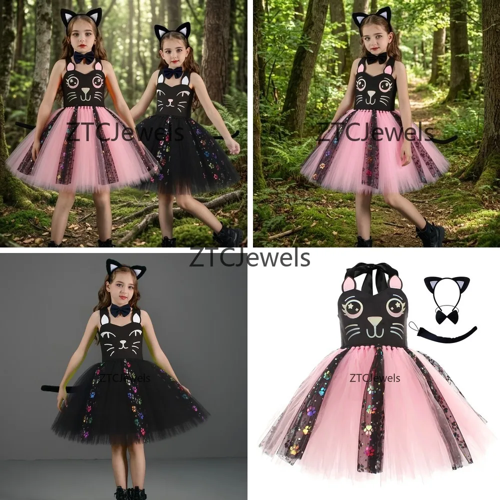 

Cute Cat Cosplay Costume Set Puffy Skirt Dress Halloween Party Outfit for Girls Pink Black Animal Performance
