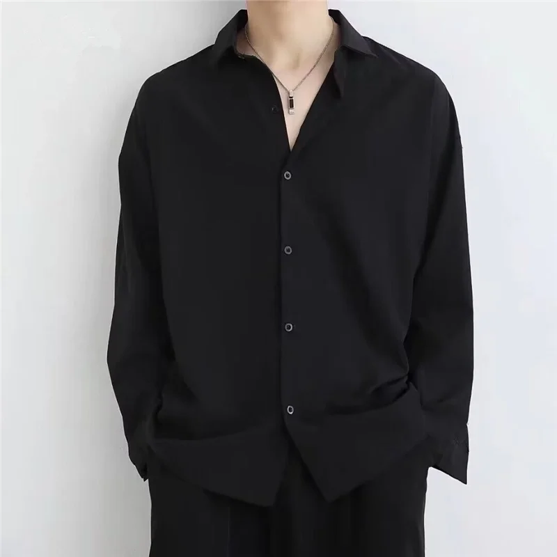 

Black Long Sleeve Ice Silk Casual Shirt for Men Business Gentleman Style Summer Lightweight Shirt Cool Feeling Loose Fit Shirt