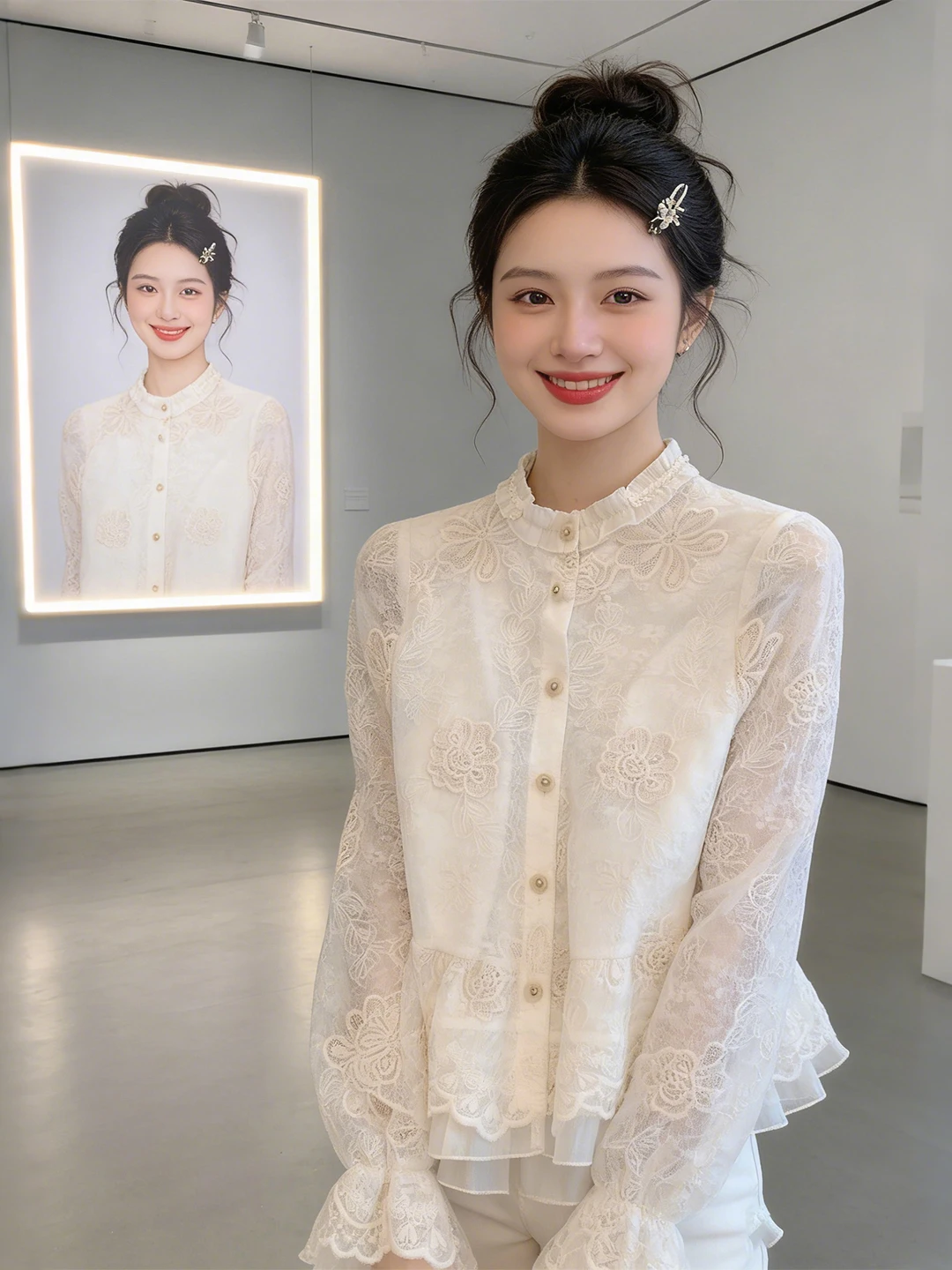 

Elegant Lace Embroidery Hollow out Long Sleeve Shirt Women's Spring 2026 New Style Luxury Youthful Fashionable Top