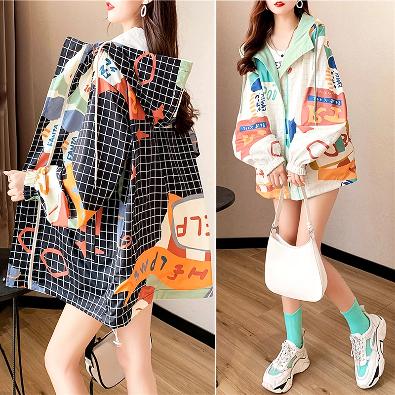 

Women Hoodies Autumn Retro Printing Color Zip Up Oversized Coat Harajuku Korean Version Long Sleeve Hooded Jackets Coat SL087