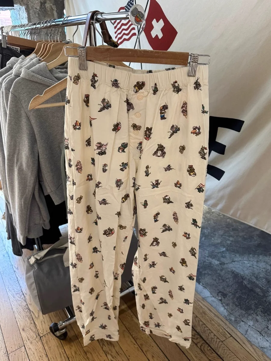 Dinosaur Print Buttons Long Pant Woman Eleastic High Waist Straight Trousers Autumn Casual Harajuku Cartoon Graphic Pants Bottom