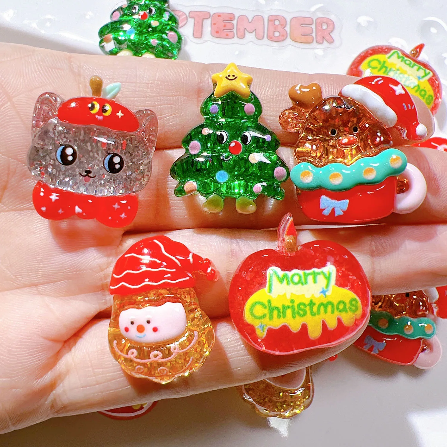 10Pcs Cute Cartoon Christmas Tree, Puppy, Apple, Deer Series Resin Figurine Crafts Flatback Cabochon Ornament Jewelry Accessorie