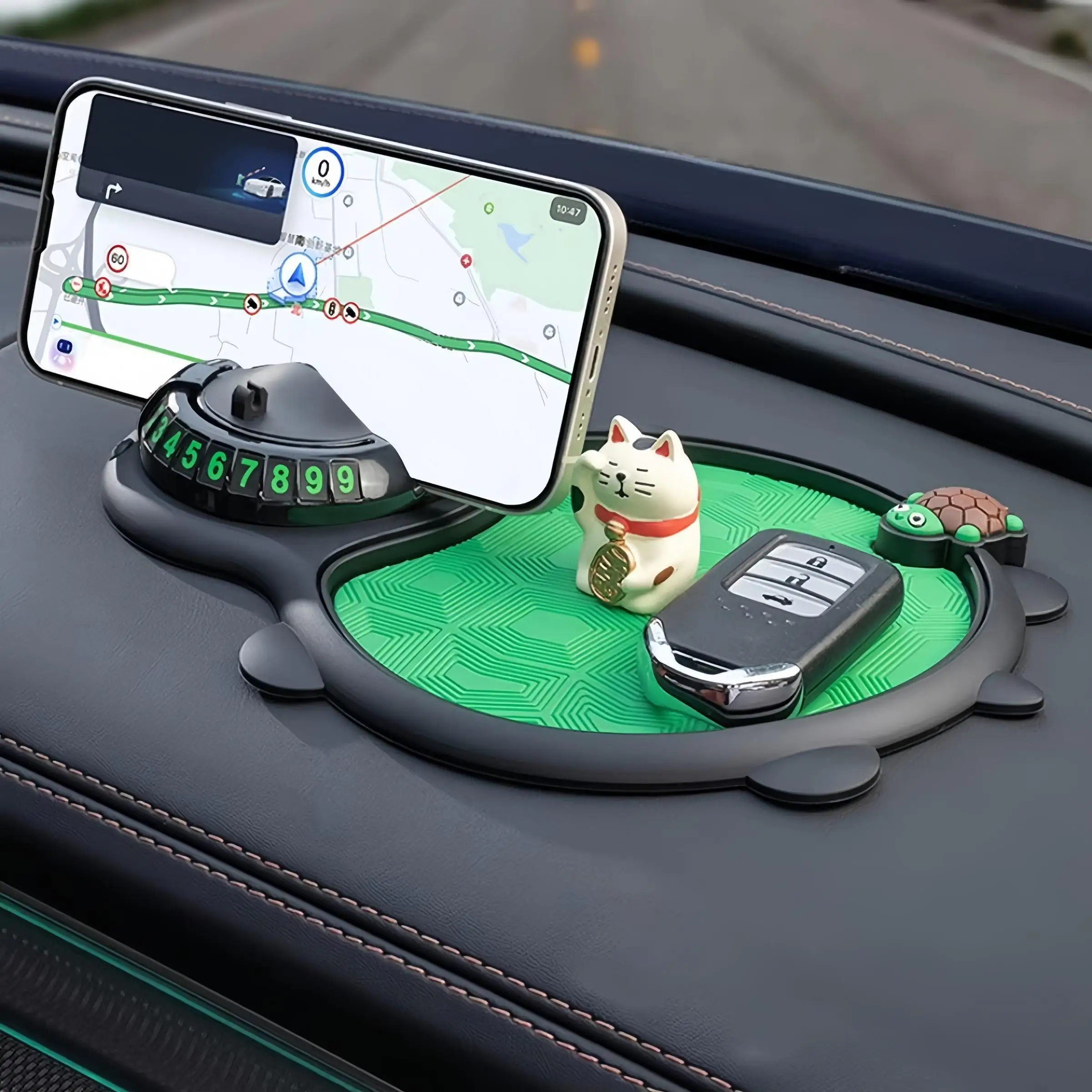 Car mounted anti-skid pad, multifunctional center console mobile phone holder, temporary parking number plate, creative turtle k