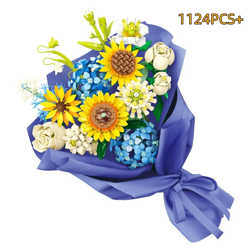 Blocs de construction de 13 fleurs, fleur éternelle, tournesol, œillet, Bouquet de roses, modèle en briques, jouets romantiques pour filles, jouets pour enfants