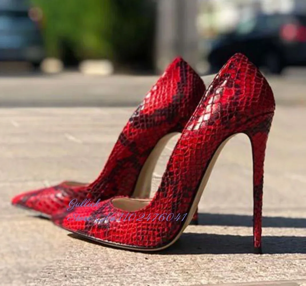 

ALMUDENA Red Green Pink Snakeskin High Heel Shoes 12cm 10cm 8cm Stilettos Pointd Toe Shallow Wedding Pumps Sexy Banquet Footwear