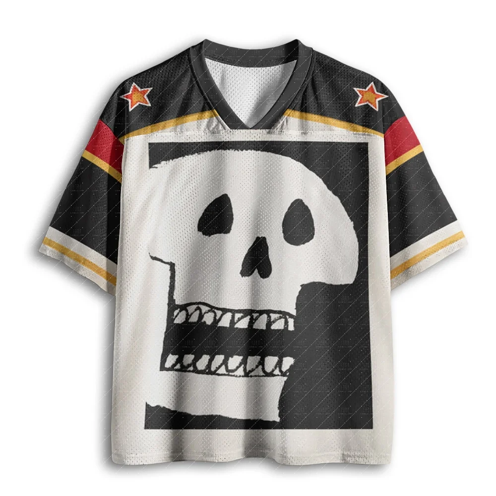 V Neck Football Jersey Rough Sketch Skull Square Print Black Red Gold White Striped Sleeve Loose Sport Tee