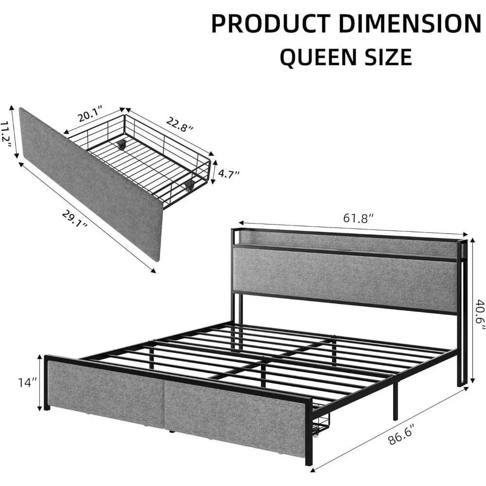 Queen Size Bed Frame With 2 Storage Drawers And Headboard, Upholstered Bed Frame Queen Size