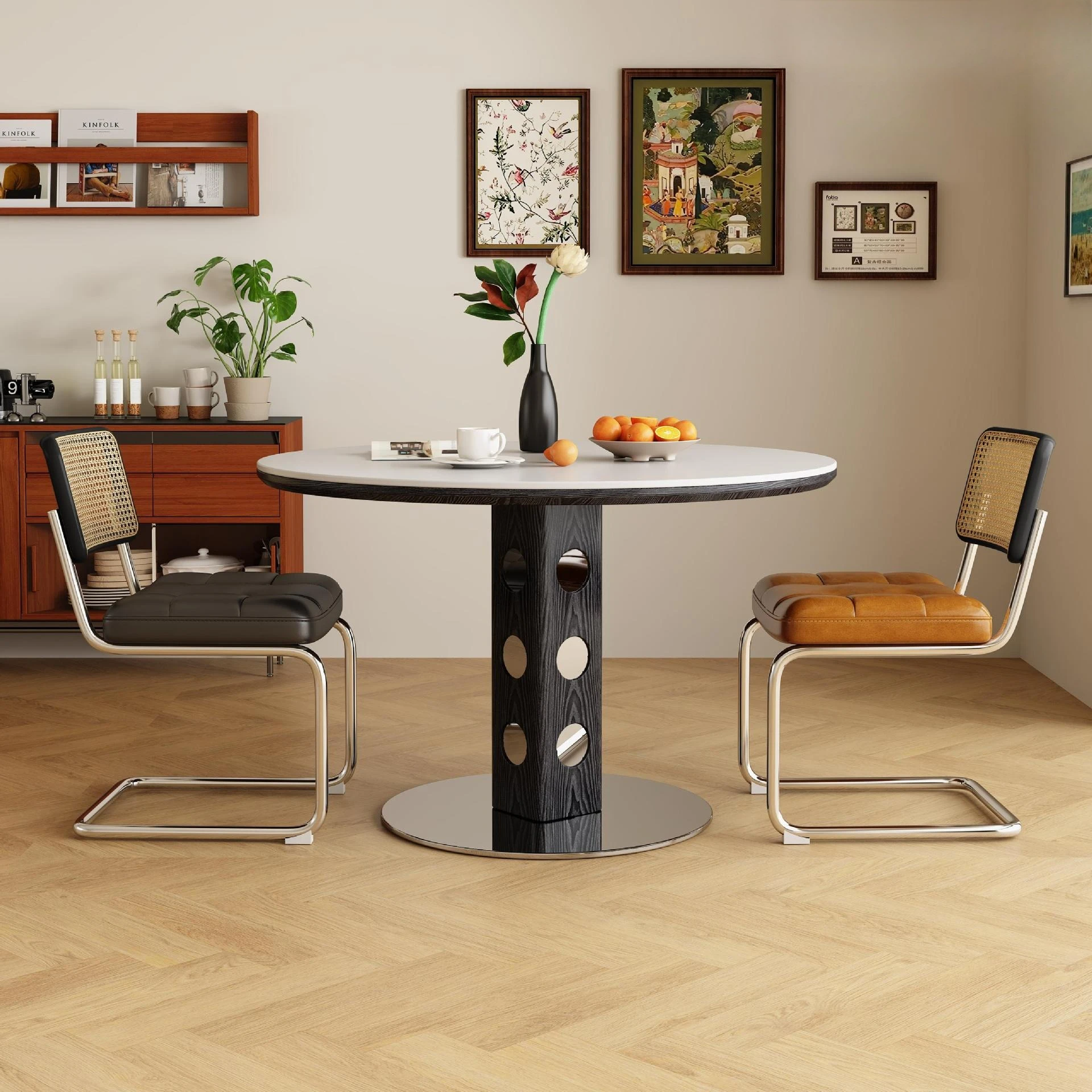 Medieval round table, retro niche stainless steel ash wood table, household rock slab dining table