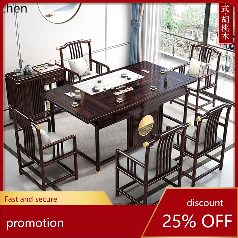 

HXL Solid Wood Tea Table and Chairs Zen-style Tea Cabinet Set with Rock Slab Tea Brewing Table