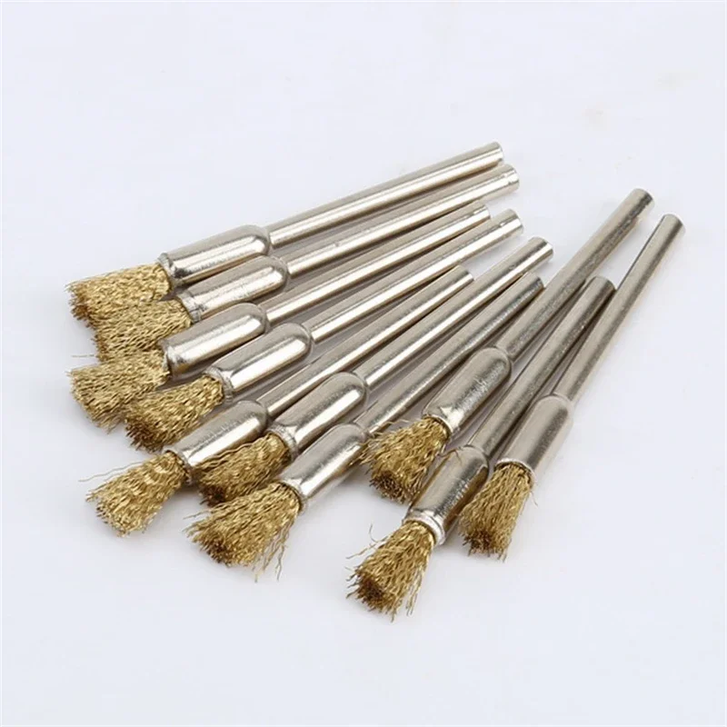 10Pcs Pencil Brushes Copper Wire Mounted Wire Wheel 3.17mm Shank Mandrel Set for Polishing Cleaning Deburring Power Rotary Tools