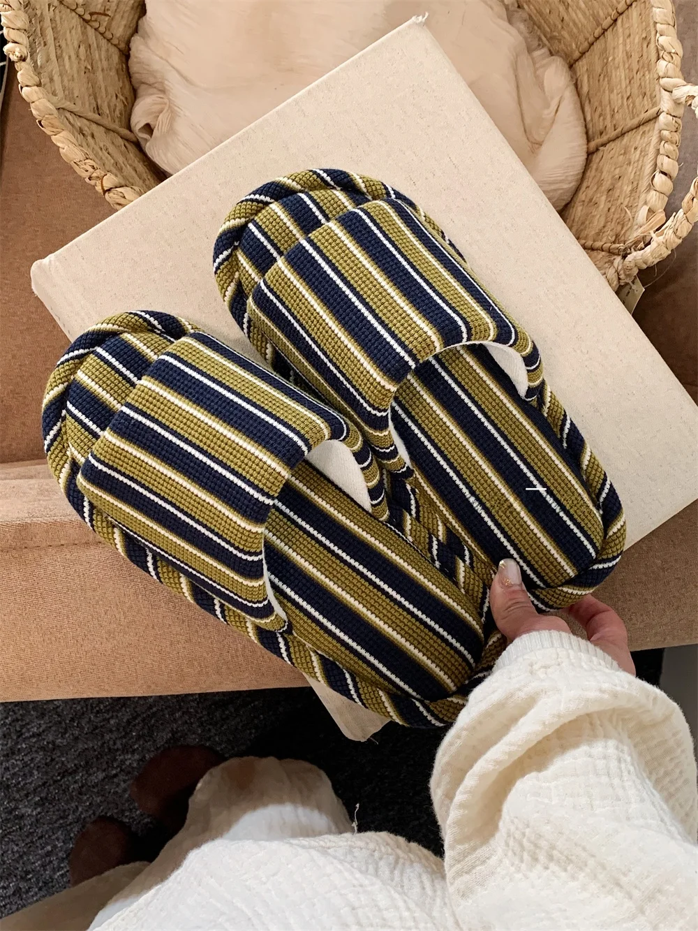 

Удобные хлопковые льняные тапочки для женщин в полоску Home oes, дышащие, впитывающие, всесезонные Floor oes