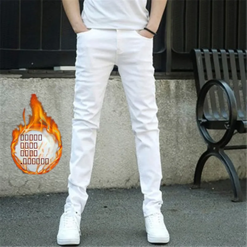

New Men's Straight Leg Fce Lined Casual Jeans High Waist Cotton Blend Winter Wear Youth Faion Long Trousers