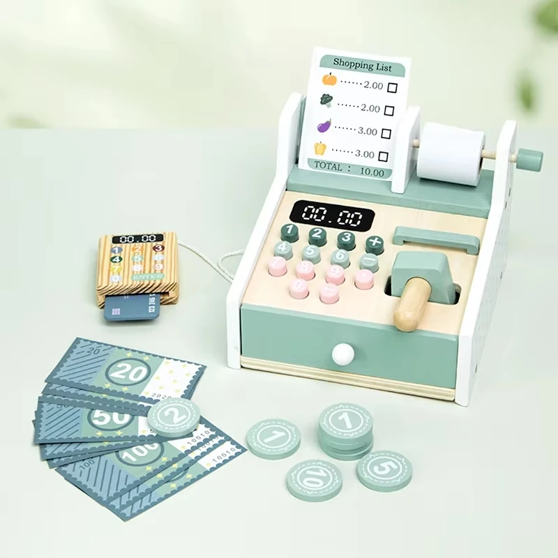 Kid Wooden Simulation Supermarket Checkout Counter Toy Cash Register Kids Role-Play Toy Kitchen Toys Girls Pretend Play