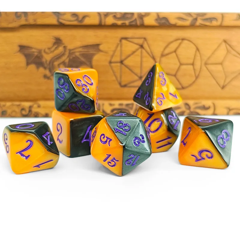 Halloween Gemini Dice Set, 7Pcs Orange Black Two-Tone DND Dice with Purple Ink for Spooky TTRPG & Role Playing
