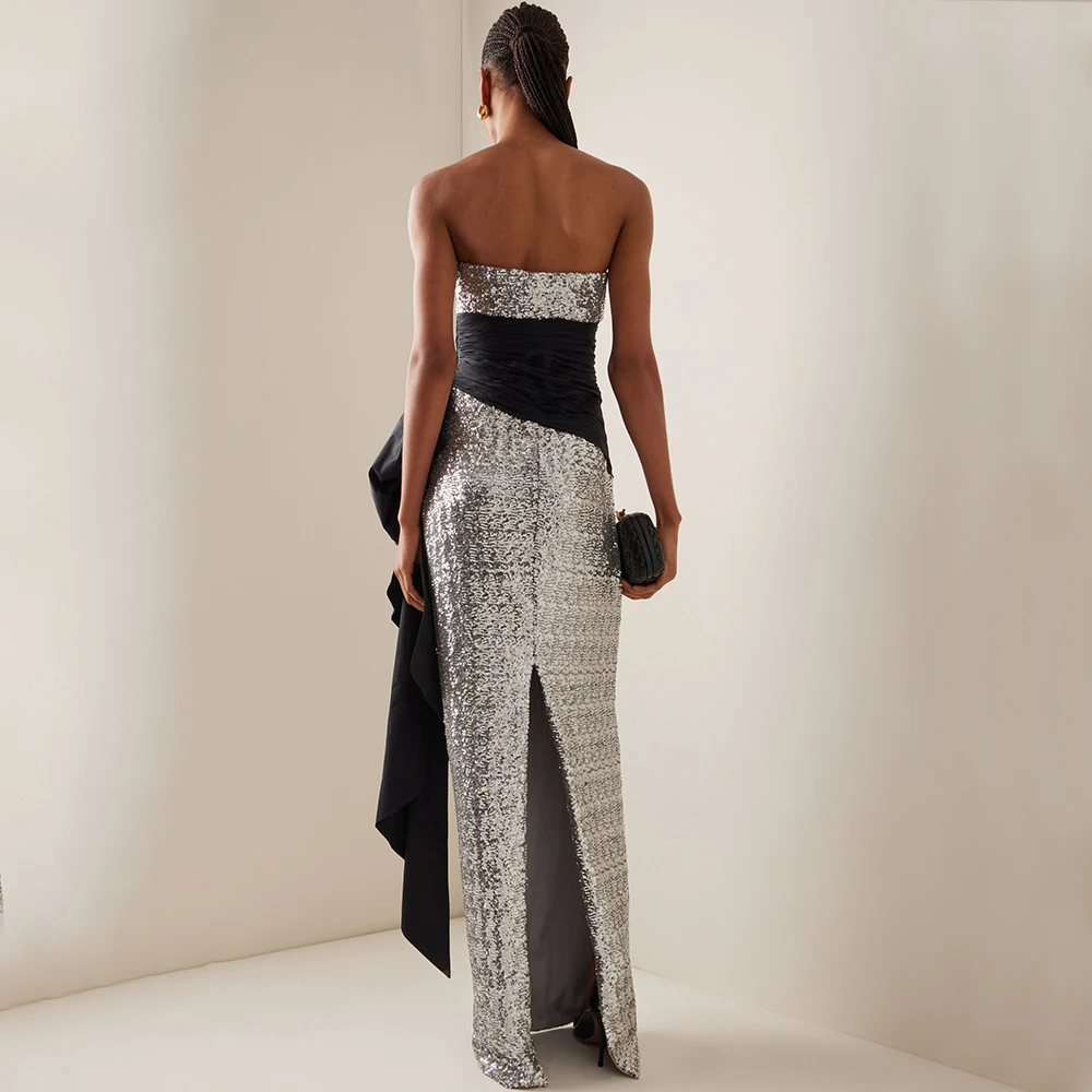 Flechazo Customized Sequin Evening Dress Women Strapless Sleeveless with Pleat Floor Length Straight Back Slit Party Gowns