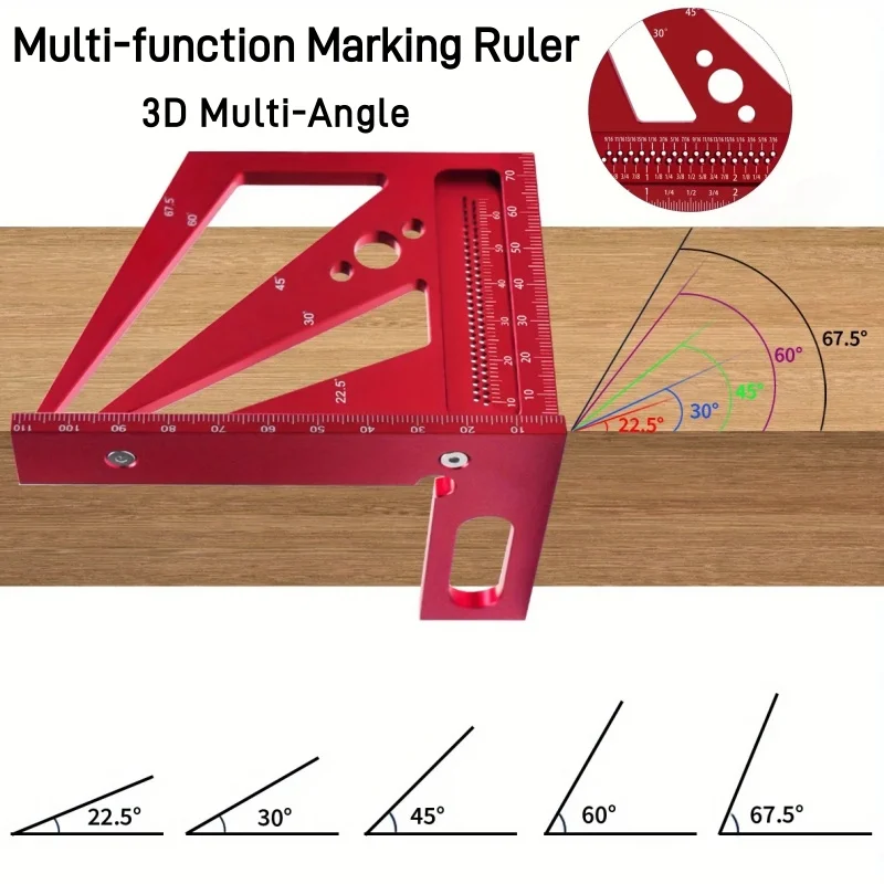 

3D Multi-Angle Woodworking Center Scriber Gauge，Square Aluminum Square Protractor T-Type Scriber - 22.5/30/45/60/67.5/90 Degree