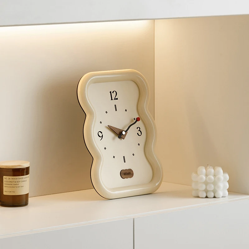 

Living Room Table Clock Wavy Ornament Study Room TV Cabinet Simple Cream Style Silent Analog Desk Clock Ornament