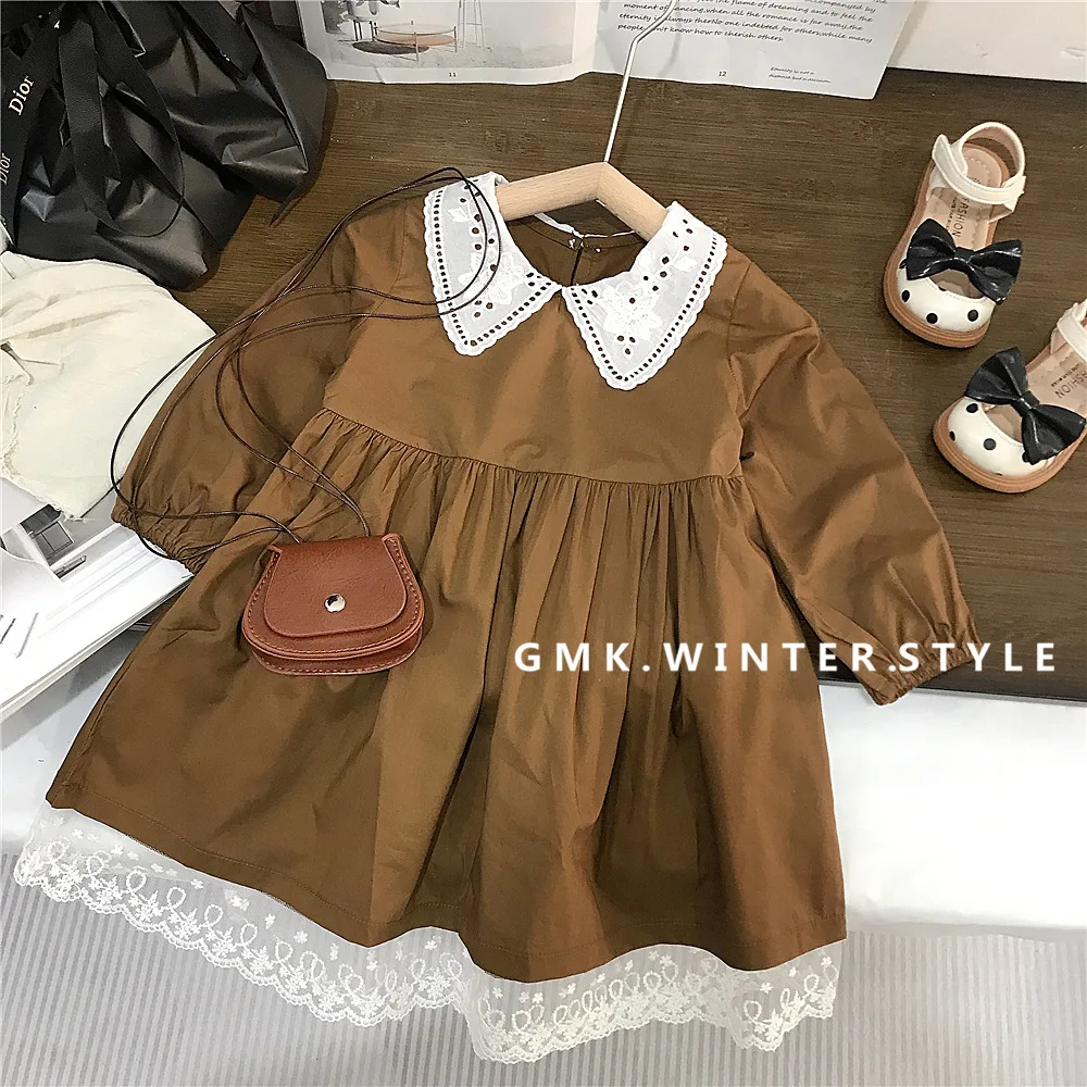 Girls Fashion Lace Collar Solid Color Dress Spring and Autumn New Baby Girls Long Sleeve Embroidered Princess Khaki Dress