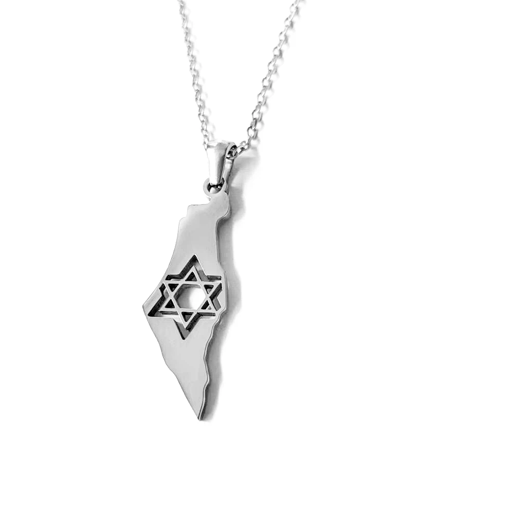 David Six-pointed Star Israel Map Pendant Necklace Stainless Steel Israeli Country Flag Jewish Judaism Chain Choker Collar